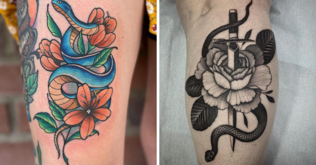 An Ode To Your Bravery: 24 Snake With Flowers Tattoo Designs